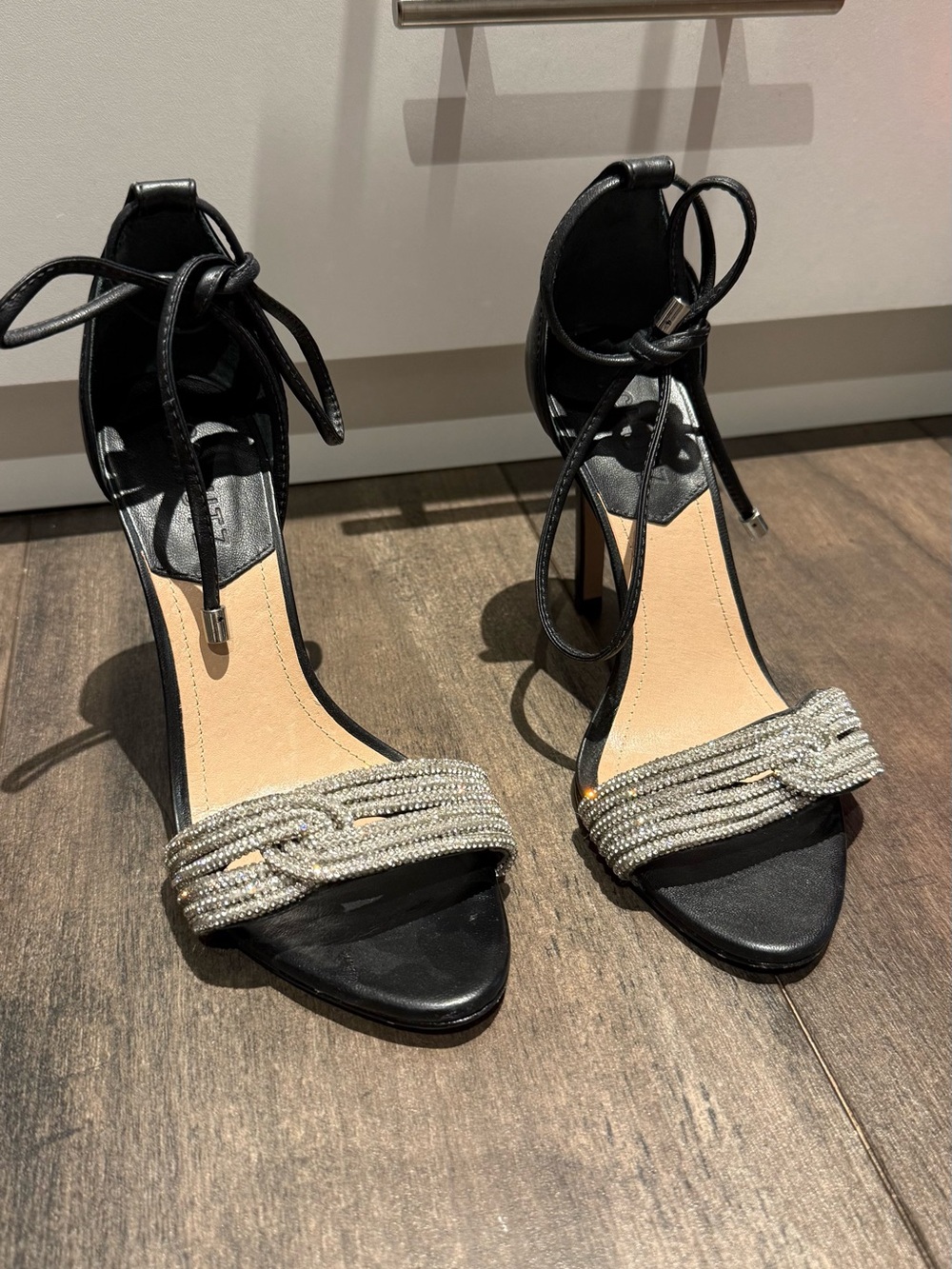 SCHUTZ Black Ankle-Tie Heels with Silver Crystal Strap